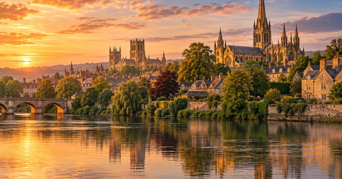 Illustration of a historic British cathedral city at golden hour