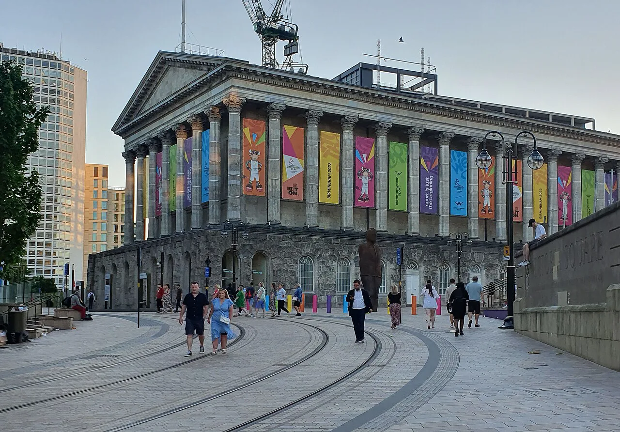 Town Hall with Commonwealth Games banners, Victoria Square, Birmingham - July